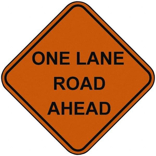 PRO-SAFE - "One Lane Road Ahead", 48" Wide x 48" High, Nylon Construction Roadway Signs - Orange, Square, Sign Stand Mount - Exact Tool & Supply
