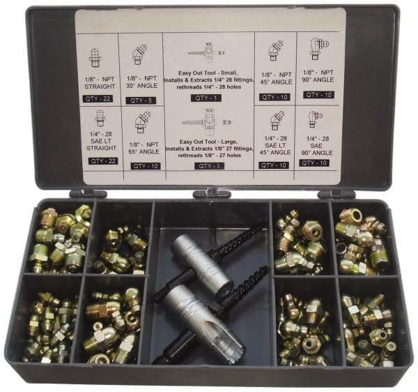 PRO-LUBE - 101 Piece, Metric, Box Plastic Steel Grease Fitting Set - Includes Metric Thread Types, Includes M10x1: (20) Straight, (5) 45°, (10) 90°, M6x1: (30) Straight, (5) 45°, (10) 90°, M8x1: (14) Straight, (5) 90° - Exact Tool & Supply