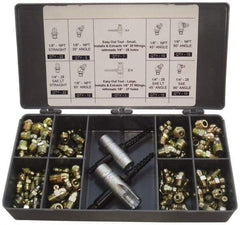 PRO-LUBE - 101 Piece, Inch, Box Plastic Steel Grease Fitting Set - Includes PTF, UNF Thread Types, Includes 1/4-28 SAE-LT: (22) Straight, (10) 45°, (10) 90°, 1/8-27 PTF: (22) Straight, (5) 30°, (10) 45°, (10) 65°, (10) 90° - Exact Tool & Supply