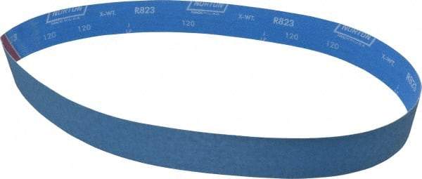 Norton - 2" Wide x 48" OAL, 120 Grit, Zirconia Alumina Abrasive Belt - Zirconia Alumina, Fine, Coated, X Weighted Cloth Backing, Series R823 - Exact Tool & Supply
