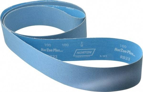 Norton - 3" Wide x 132" OAL, 100 Grit, Zirconia Alumina Abrasive Belt - Zirconia Alumina, Fine, Coated, X Weighted Cloth Backing, Series R823 - Exact Tool & Supply