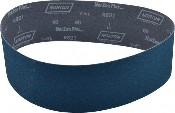 Norton - 4" Wide x 36" OAL, 80 Grit, Zirconia Alumina Abrasive Belt - Zirconia Alumina, Medium, Coated, Y Weighted Cloth Backing, Dry, Series R821 - Exact Tool & Supply