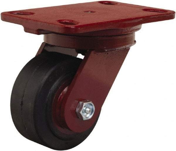 Hamilton - 4" Diam x 2" Wide x 5-5/8" OAH Top Plate Mount Swivel Caster - Rubber Mold on Cast Iron, 300 Lb Capacity, Straight Roller Bearing, 4-1/2 x 6-1/2" Plate - Exact Tool & Supply