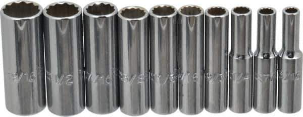 Proto - 10 Piece 1/4" Drive Deep Well Socket Set - 12 Points, 3/16" to 9/16" Range, Inch Measurement Standard - Exact Tool & Supply