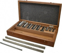 Value Collection - 15 Piece, 1/8 to 1/4" Keyway Width, Style B & C Keyway Broach Set - Bright Finish High Speed Steel Broach, Collared Bushing, 1/2 to 1-1/2" Bushing Diam - Exact Tool & Supply