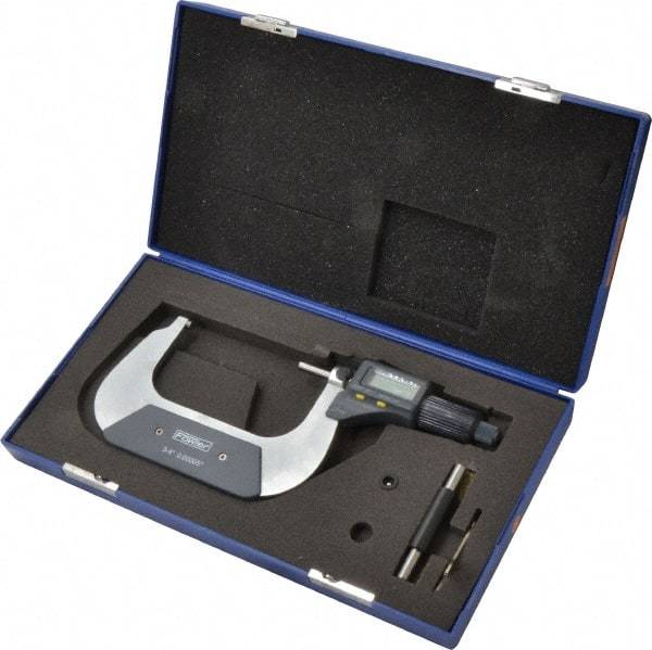 Fowler - 3 to 4 Inch Range, 0.0001 Inch Resolution, Standard Throat, IP54 Electronic Outside Micrometer - 0.0002 Inch Accuracy, Friction Thimble, 357 Battery, Data Output, Includes Case and Wrench - Exact Tool & Supply