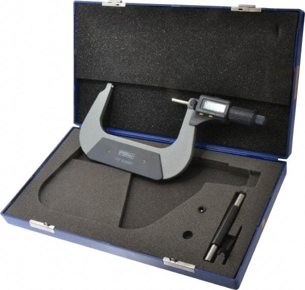 Fowler - 4 to 5 Inch Range, 0.0001 Inch Resolution, Standard Throat, IP54 Electronic Outside Micrometer - 0.0002 Inch Accuracy, Friction Thimble, 357 Battery, Data Output, Includes Case and Wrench - Exact Tool & Supply