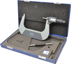 Fowler - 5 to 6 Inch Range, 0.0001 Inch Resolution, Standard Throat, IP54 Electronic Outside Micrometer - 0.0002 Inch Accuracy, Friction Thimble, 357 Battery, Data Output, Includes Case and Wrench - Exact Tool & Supply
