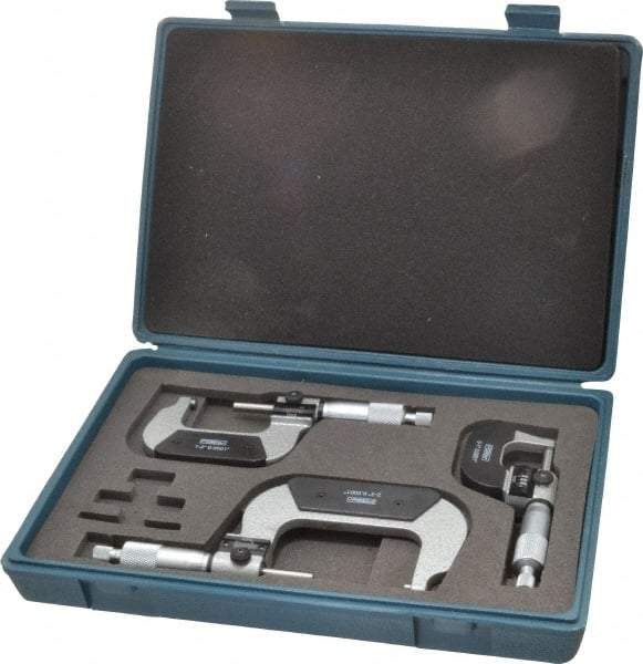 Fowler - 0 to 3" Range, 3 Piece Mechanical Outside Micrometer Set - 0.0001" Graduation, 0.00005 (0 to 1), 0.00016 (1 to 3)" Accuracy, Ratchet Stop Thimble, Carbide Tipped Face - Exact Tool & Supply
