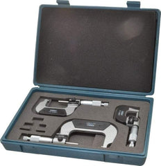 Fowler - 0 to 3" Range, 3 Piece Mechanical Outside Micrometer Set - 0.0001" Graduation, 0.00005 (0 to 1), 0.00016 (1 to 3)" Accuracy, Ratchet Stop Thimble, Carbide Tipped Face - Exact Tool & Supply