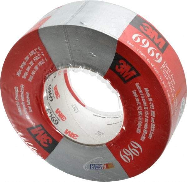 3M - 2" x 55m Silver Duct Tape - 10.7 mil, Rubber Adhesive, Polyethylene Film Backing, 32 Lb/ln Tensile Strength, 200°F Max, Series 6969 - Exact Tool & Supply