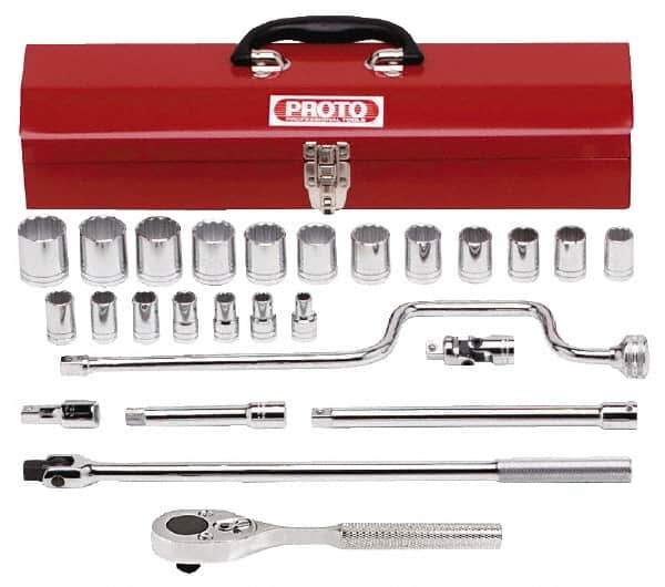Proto - 26 Piece 1/2" Drive Socket Set - 12 Points, 3/8" to 1-1/4" Range, Inch Measurement Standard - Exact Tool & Supply