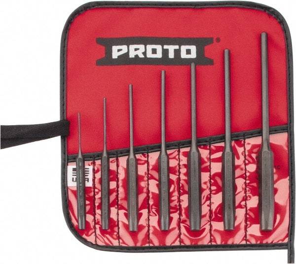 Proto - 7 Piece, 1/16 to 1/4", Pin Punch Set - Round Shank, Comes in Pouch - Exact Tool & Supply