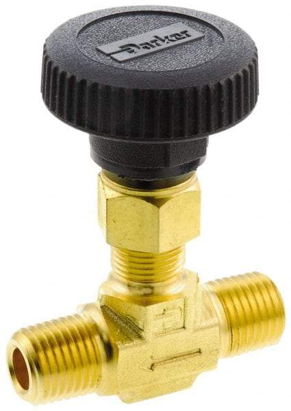Parker - 3,000 Max psi, 3/8" Pipe, Brass, Inline Instrumentation Needle Valve - MNPT x MNPT End Connections - Exact Tool & Supply