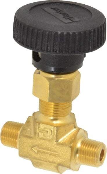 Parker - 3,000 Max psi, 1/8" Pipe, Brass, Inline Instrumentation Needle Valve - MNPT x MNPT End Connections - Exact Tool & Supply