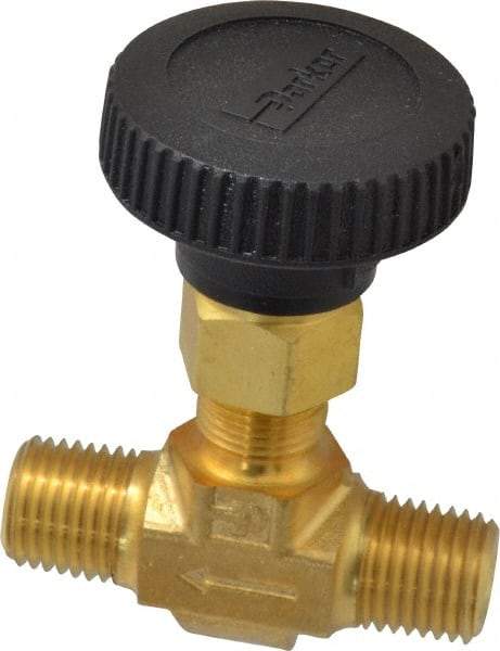 Parker - 3,000 Max psi, 1/4" Pipe, Brass, Inline Instrumentation Needle Valve - MNPT x MNPT End Connections - Exact Tool & Supply