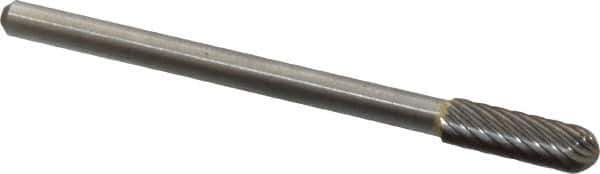 Atrax - 3/16" Cut Diam, 1/8" Shank Diam, Cylinder with Radius Head Single Cut Burr - Carbide, Radius End, 1/2" LOC, 1-1/2" OAL - Exact Tool & Supply