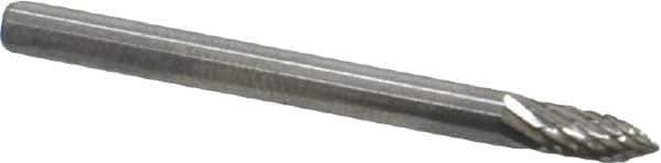 Atrax - 1/8" Cut Diam, 1/8" Shank Diam, Tree Head Double Cut Burr - Carbide, Point End, 5/16" LOC, 1-1/2" OAL - Exact Tool & Supply