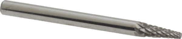 Atrax - 1/8" Cut Diam, 1/8" Shank Diam, Cone Head Double Cut Burr - Carbide, Point End, 3/8" LOC, 1-1/2" OAL - Exact Tool & Supply