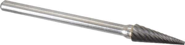 Atrax - 3/16" Cut Diam, 1/8" Shank Diam, Cone Head Double Cut Burr - Carbide, Point End, 1/2" LOC, 1-1/2" OAL - Exact Tool & Supply