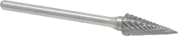 Atrax - 1/4" Cut Diam, 1/8" Shank Diam, Cone Head Double Cut Burr - Carbide, Point End, 1/2" LOC, 1-7/8" OAL - Exact Tool & Supply
