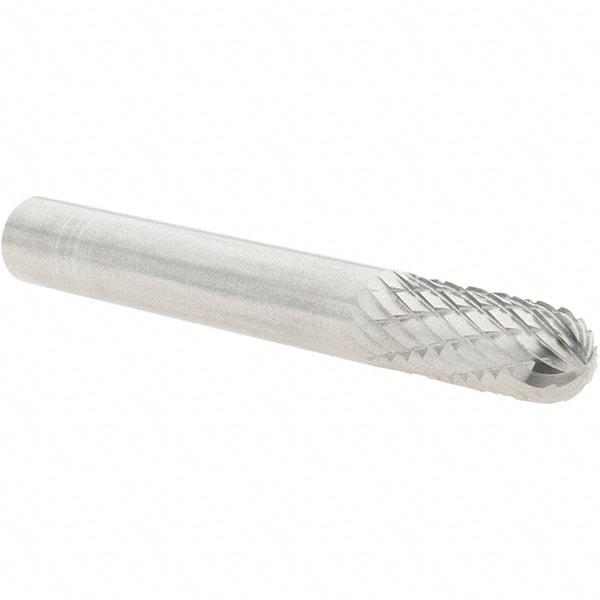Atrax - 1/4" Cut Diam, 1/4" Shank Diam, Cylinder with Radius Head Double Cut Burr - Carbide, Radius End, 5/8" LOC, 2" OAL - Exact Tool & Supply