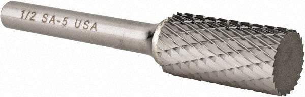 Atrax - 1/2" Cut Diam, 1/4" Shank Diam, Cylinder Head Double Cut Burr - Carbide, Flat End, 1" LOC, 2-3/4" OAL - Exact Tool & Supply