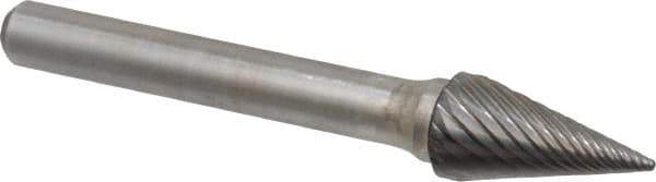 Atrax - 3/8" Cut Diam, 1/4" Shank Diam, Cone Head Single Cut Burr - Carbide, Point End, 5/8" LOC, 2-1/2" OAL - Exact Tool & Supply