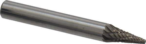 Atrax - 1/4" Cut Diam, 1/4" Shank Diam, Cone Head Double Cut Burr - Carbide, Point End, 1/2" LOC, 2" OAL - Exact Tool & Supply