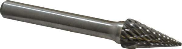 Atrax - 3/8" Cut Diam, 1/4" Shank Diam, Cone Head Double Cut Burr - Carbide, Point End, 5/8" LOC, 2-1/2" OAL - Exact Tool & Supply