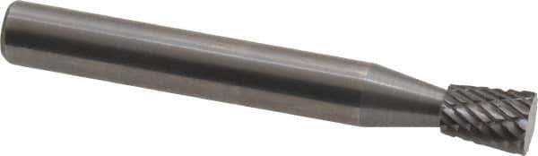 Atrax - 1/4" Cut Diam, 1/4" Shank Diam, Inverted Cone Head Double Cut Burr - Carbide, Flat End, 5/16" LOC, 2" OAL - Exact Tool & Supply