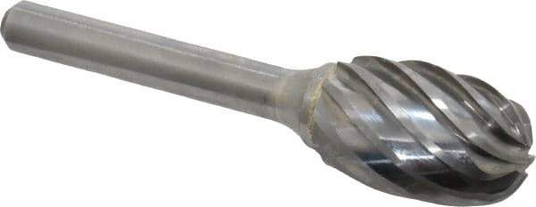 Atrax - 5/8" Cut Diam, 1/4" Shank Diam, Oval Head Fluted Cut Burr - Radius End, 1" LOC, 2-3/4" OAL - Exact Tool & Supply