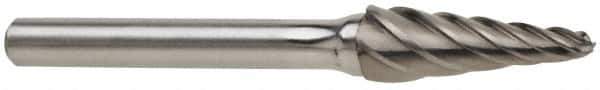 Atrax - 3/8" Cut Diam, 1/4" Shank Diam, Taper Head Fluted Cut Burr - Radius End, 1-1/16" LOC, 2-15/16" OAL - Exact Tool & Supply