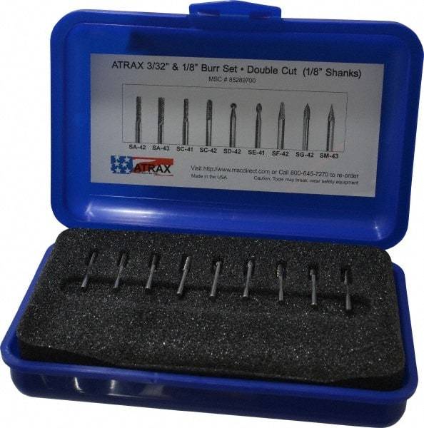 Atrax - 9 Piece, 1/8" Shank Burr Set - Tungsten Carbide, Multiple Head Shape - Exact Tool & Supply