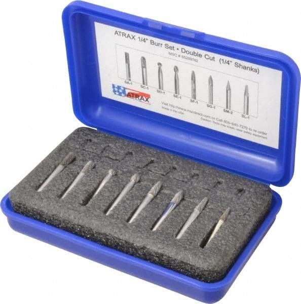 Atrax - 8 Piece, 1/4" Shank Burr Set - Tungsten Carbide, Multiple Head Shape - Exact Tool & Supply