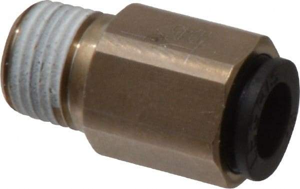 Legris - 1/4" Outside Diam, 1/8 NPT, Nickel Plated Brass Push-to-Connect Tube Self-Sealing Male Connector - 145 Max psi, Tube to Male NPT, Buna-N O-Ring - Exact Tool & Supply