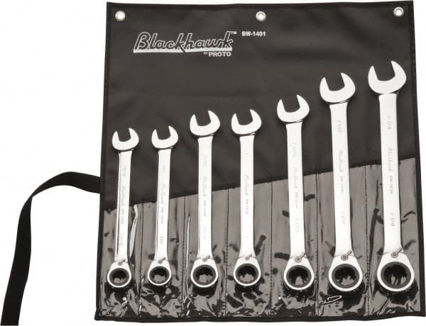 Blackhawk by Proto - 7 Pc, 13/16 - 1-1/4", Reversible Ratcheting Combination Wrench Set - Exact Tool & Supply