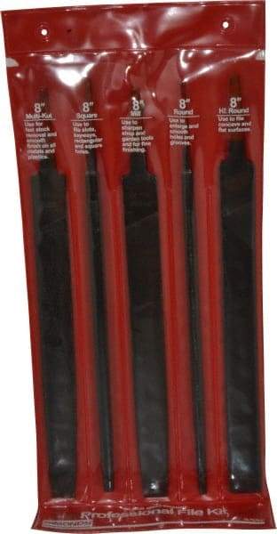 Simonds File - 5 Piece American Pattern File Set - 8" Long, Bastard Coarseness, Set Includes Flat, Half Round, Mill, Round, Square - Exact Tool & Supply