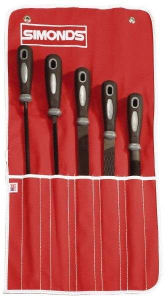 Simonds File - 5 Piece American Pattern File Set - 8" Long, Bastard Coarseness, Set Includes Half Round, Mill, Round, Square - Exact Tool & Supply