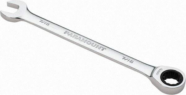 Paramount - 7/16" 12 Point Ratcheting Combination Wrench - 6-1/2" OAL, Chrome Vanadium Steel, Polished Finish - Exact Tool & Supply