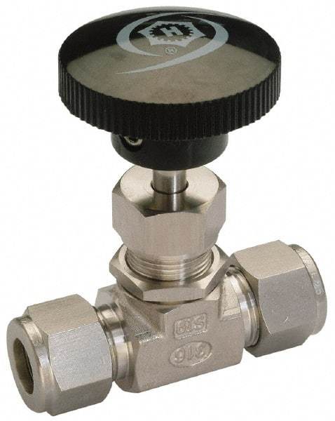 Ham-Let - 6" Pipe, 5,000 Max psi, 316 Grade Stainless Steel, Inline Stem Regulating Instrumentation Needle Valve - Compression x Compression End Connections, Swaglok SS-1RS6MM - Exact Tool & Supply
