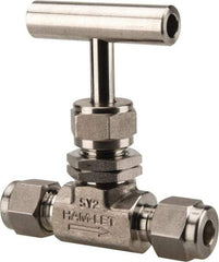 Ham-Let - 5,000 Max psi, 1/4" Pipe, 316 Grade Stainless Steel, Inline Stem Regulating Instrumentation Needle Valve - Compression x Compression End Connections, Swaglok SS-1RS4-SH - Exact Tool & Supply