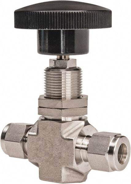 Ham-Let - 5,000 Max psi, 3/8" Pipe, 316 Grade Stainless Steel, Inline Stem Regulating Instrumentation Needle Valve - Compression x Compression End Connections, Swaglok SS-1RS6-SH - Exact Tool & Supply