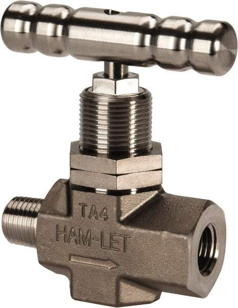 Ham-Let - 5,000 Max psi, 1/4" Pipe, 316 Grade Stainless Steel, Inline Soft Seat Instrumentation Needle Valve - MNPT x FNPT End Connections, Swaglok SS-1KM4-F4-SH - Exact Tool & Supply