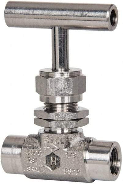 Ham-Let - 5,000 Max psi, 1/4" Pipe, 316 Grade Stainless Steel, Inline Stem Vee Instrumentation Needle Valve - FNPT x FNPT End Connections, Swaglok SS-1VF4-SH - Exact Tool & Supply
