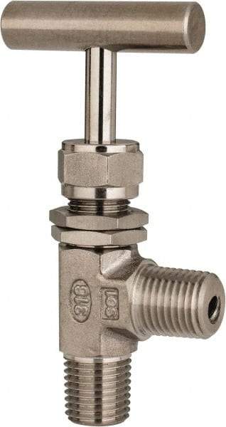 Ham-Let - 5,000 Max psi, 1/4" Pipe, 316 Grade Stainless Steel, Angled Instrumentation Needle Valve - MNPT x MNPT End Connections, Swaglok SS-1RM4-A - Exact Tool & Supply