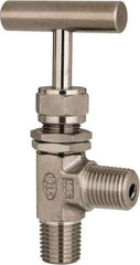 Ham-Let - 5,000 Max psi, 1/4" Pipe, 316 Grade Stainless Steel, Angled Instrumentation Needle Valve - MNPT x MNPT End Connections, Swaglok SS-1RM4-A - Exact Tool & Supply