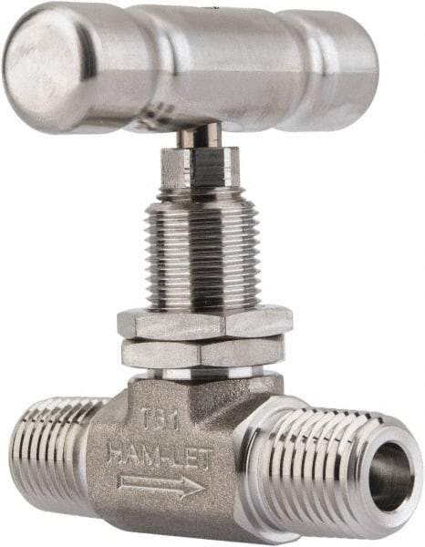 Ham-Let - 5,000 Max psi, 1/4" Pipe, 316 Grade Stainless Steel, Inline Stem Vee Instrumentation Needle Valve - MNPT x MNPT End Connections, Swaglok SS-1VM4-SH - Exact Tool & Supply
