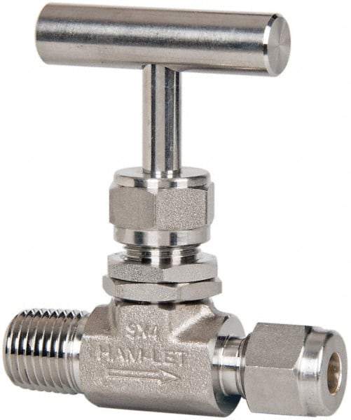 Ham-Let - 5,000 Max psi, 1/4 x 3/8" Pipe, 316 Grade Stainless Steel, Inline Stem Regulating Instrumentation Needle Valve - MNPT x Compression End Connections, Swaglok SS-1RM4-S6 - Exact Tool & Supply