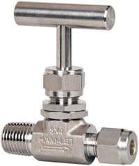 Ham-Let - 5,000 Max psi, 1/4 x 3/8" Pipe, 316 Grade Stainless Steel, Inline Stem Regulating Instrumentation Needle Valve - MNPT x Compression End Connections, Swaglok SS-1RM4-S6 - Exact Tool & Supply